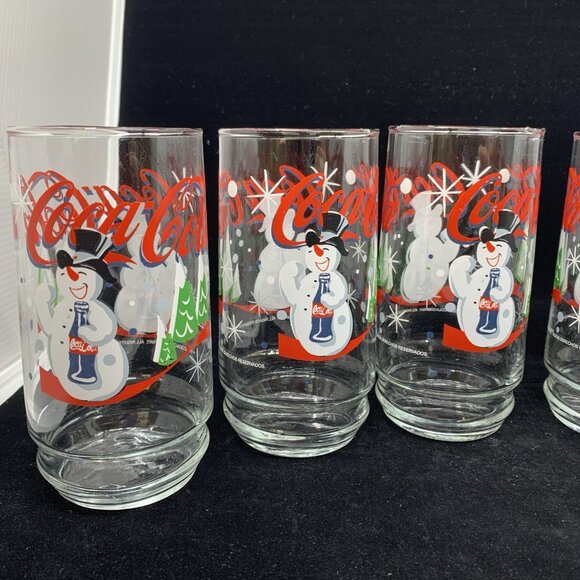 Set of 6 Coca-Cola Smiling Snowman Holiday Glasses Indiana Glass 1999 Vtg Xmas - Picture 3 of 11